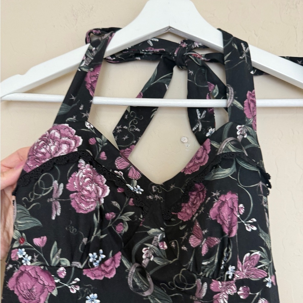 Hot Topic Floral Insects Swing Dress Black Halter Tulle Novelty Retro Small - Picture 7 of 12